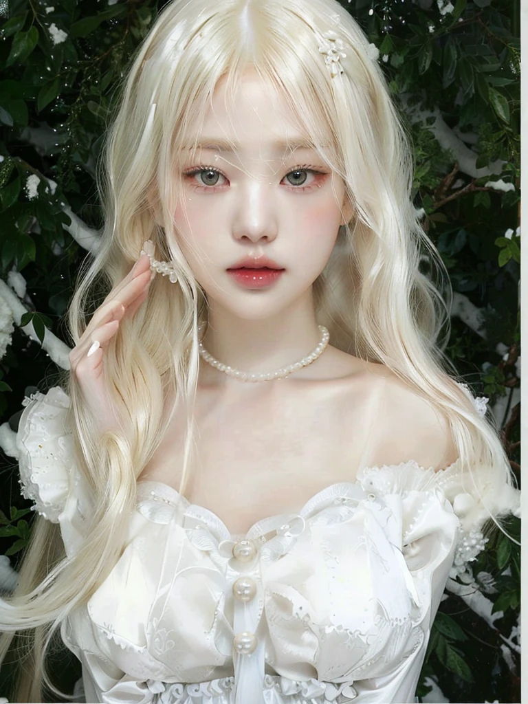 blond haired girl with white dress and pearls posing for a picture, white hime cut hairstyle, long white hair and bangs, with white long hair, with long white hair, pale milky white porcelain skin, pale porcelain white skin, girl with white hair, extremely pale blond hair, blonde anime girl with long hair, perfect white haired girl, porcelain white skin, flowing white hair, Jennie blackpink.