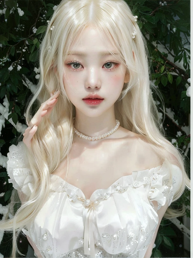 blond haired girl with white dress and pearls posing for a picture, white hime cut hairstyle, long white hair and bangs, with white long hair, with long white hair, pale milky white porcelain skin, pale porcelain white skin, girl with white hair, extremely pale blond hair, blonde anime girl with long hair, perfect white haired girl, porcelain white skin, flowing white hair, Jennie blackpink.