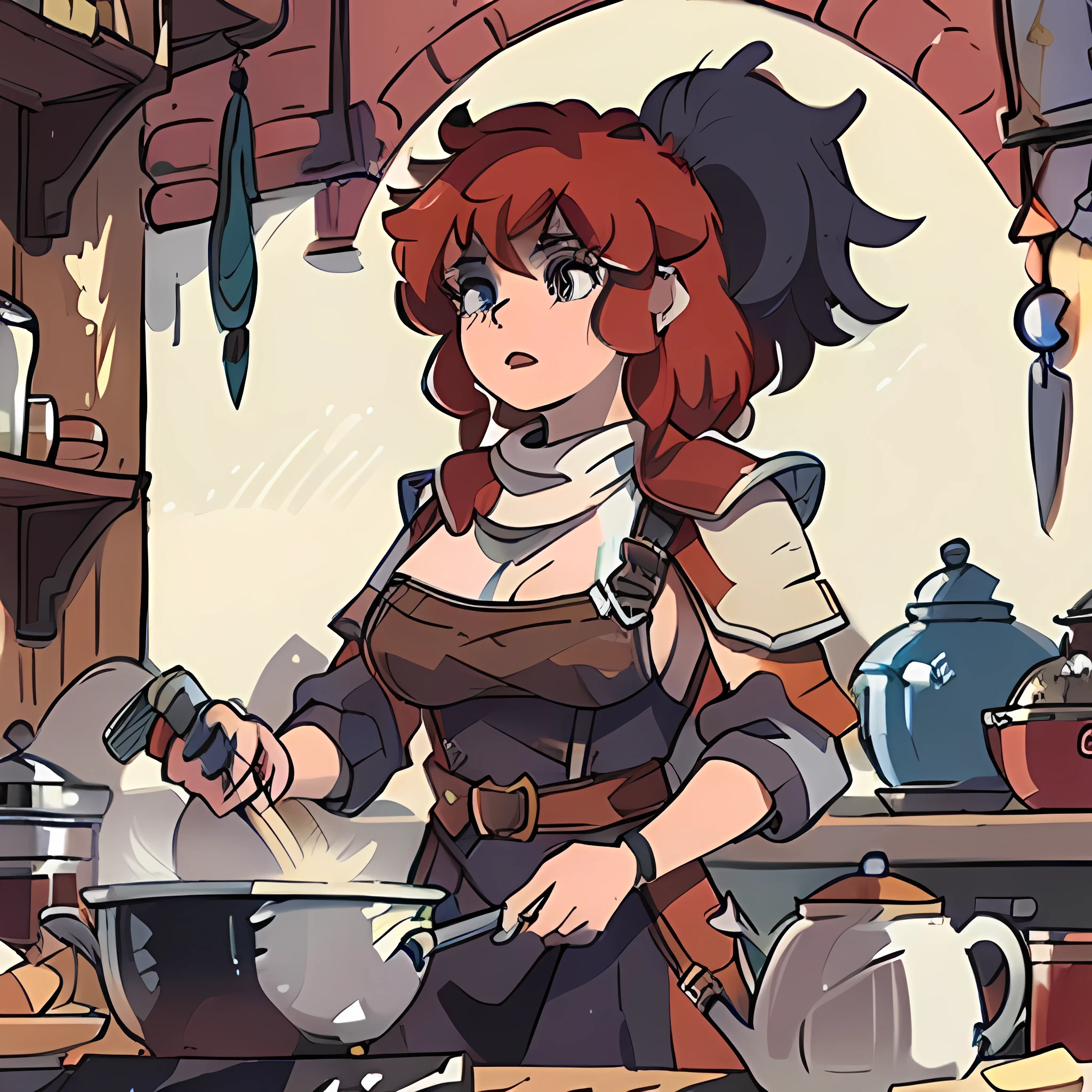 there is a woman dwarven with few pieces of plate armor, a-N-A , Ana , long wavy red hair ,dwarven that is cooking something in a pot, female cook I&#39;m going to do fanart too, (SFW) safe for work, female dwarven cook , she is in the potions workshop, cooking it up, female protagonist 👀 :8, cooking, alchemist girl, , background art, cozinhando , offcial art
