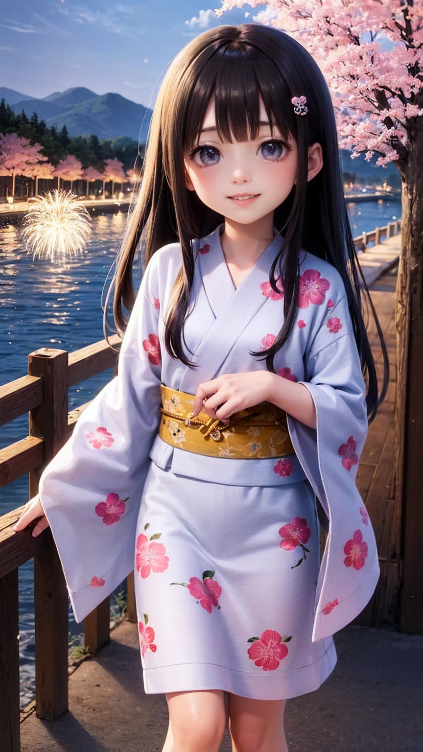 very cute、11 years old、girl、Straight Long Hair、yukata、firework、Night Sky、Cherry blossom trees、yukataの胸元がはだけている、