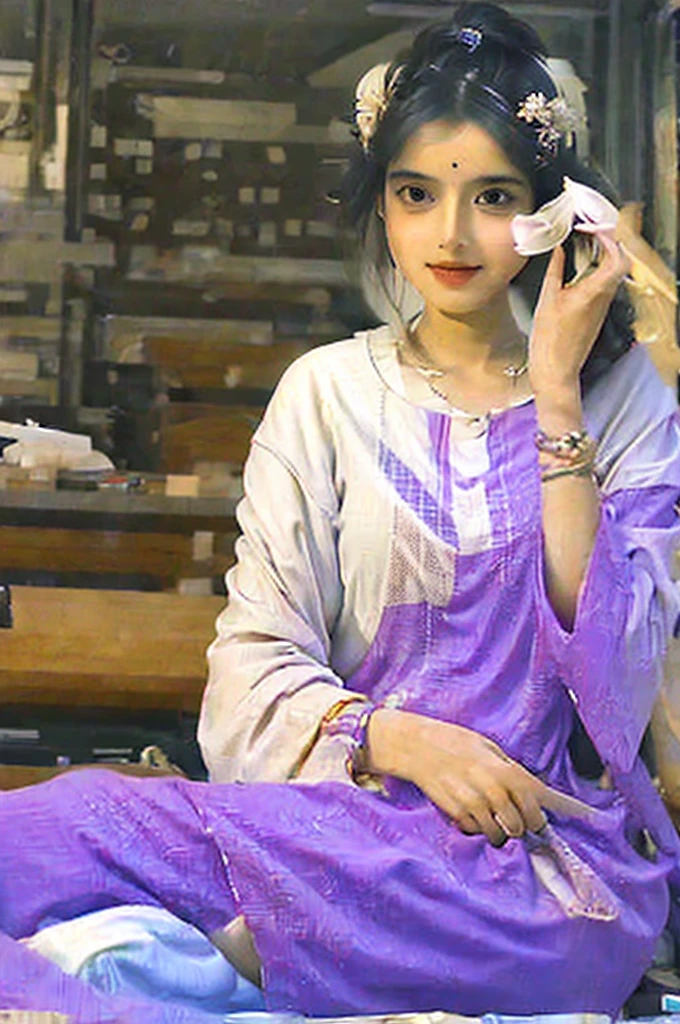 The Indian goddess Saraswati, a stunning and ethereal being, sits elegantly at a modern desk in a contemporary library. Her delicate features and porcelain skin radiate a soft, otherworldly glow, hinting at her divine nature. From behind, four graceful arms emerge, each hand engaged in a different task. Two hands type away on her laptop, while another holds a pen to file an assignment, and the fourth hand delicately adjusts the strings of a beautifully crafted veena, its melodies whispering subtle magic into the air. Her eyes shine with gentle wisdom, illuminating the space around her, as she effortlessly multitasks like a modern goddess.