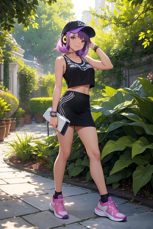 ((masterpiece, best quality, ultra-detailed)), 1girl, beautiful confident woman walking through a garden, smiling, pink tank top, midriff, bracelet, necklace, long black pencil skirt, white sneakers, black socks, wearing headphones and brim cap, full body, purple hair