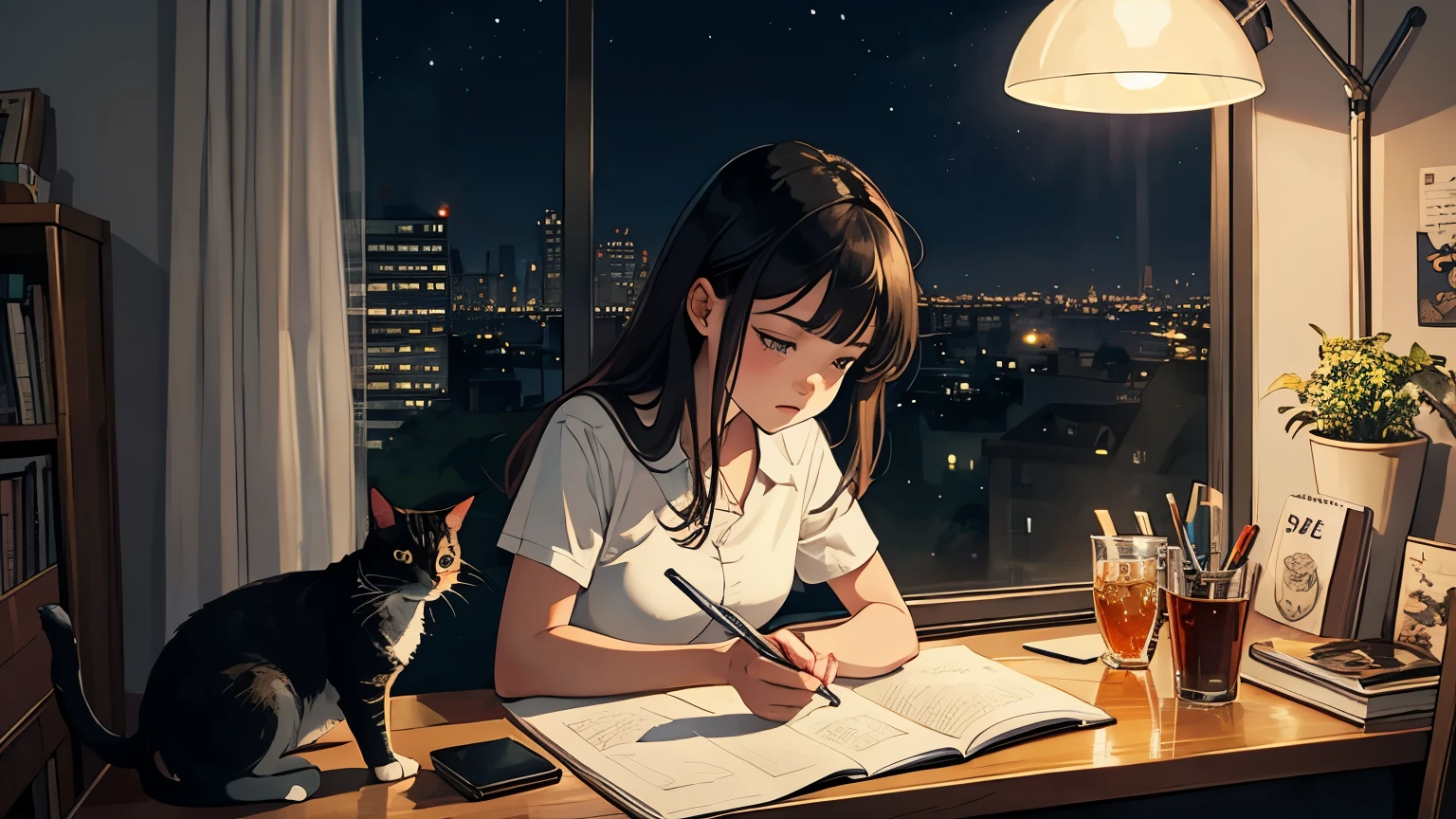 ultra quality, fine-detailed, a girl studying in her room, with a window showing buildings in the background at night, a more cartoon version, with girl looking at her notebook, with a cat lying on the table stirring the syrup