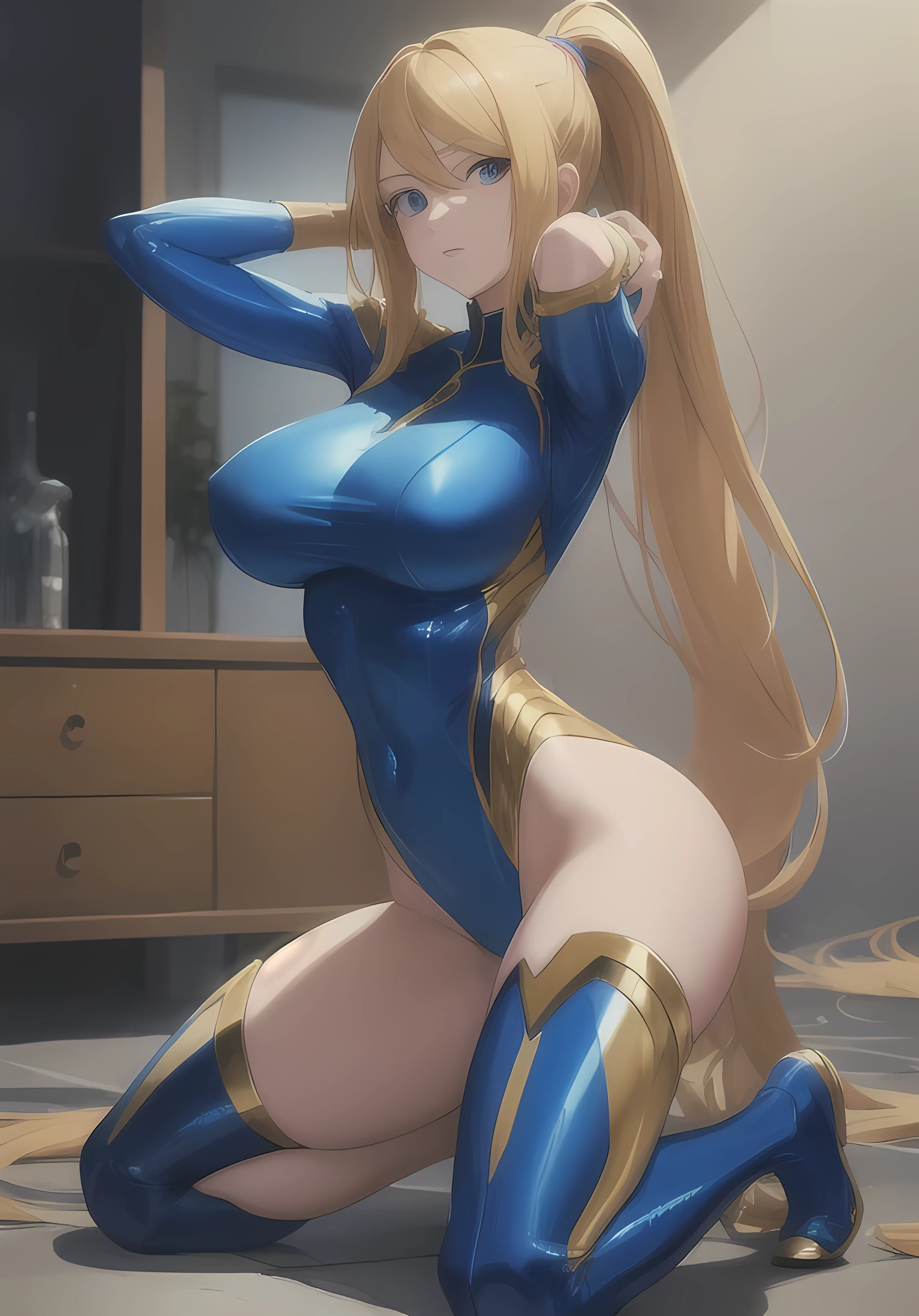 (anime,masterpiece, top quality, best quality,beautiful and aesthetic:1.2,professional illustrasion:1.1,ultra detail:1.3, official art, professional illustrasion, Ultra-detailed depiction, Ultra-precise depiction, extremely detailed 8k illustration, highres, ultra detailed painting, soft shadows), (girl), samus aran \(cosplay\), cool beauty, milf, glossy, (golden long hair), (ponytail), big breasts, perfect body, pubic hair, blue samus aran suit, full body
