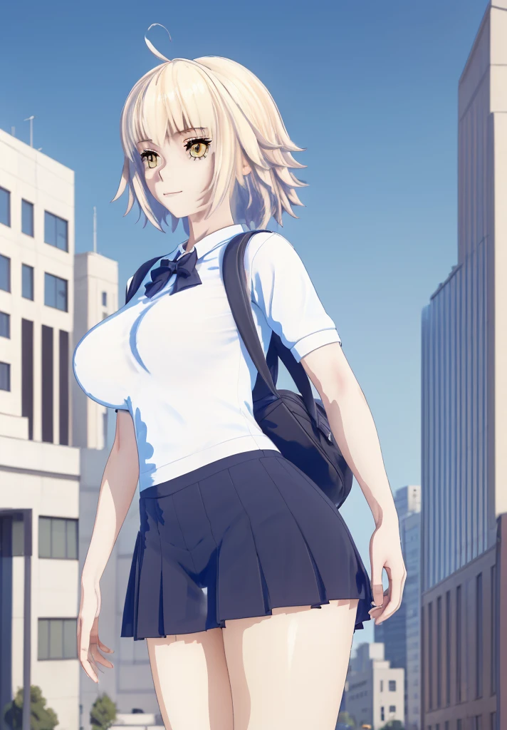 ((masterpiece, Best Quality, Distinctive image)), 1 girl, alone, alter of joan of arc, big breasts, Schoolgirl, School uniform, pleated skirt, seraph, White shirt, black skirt, looking at the viewer, standing, carrying a school backpack, cowboy shot, city, building, beautiful sky 