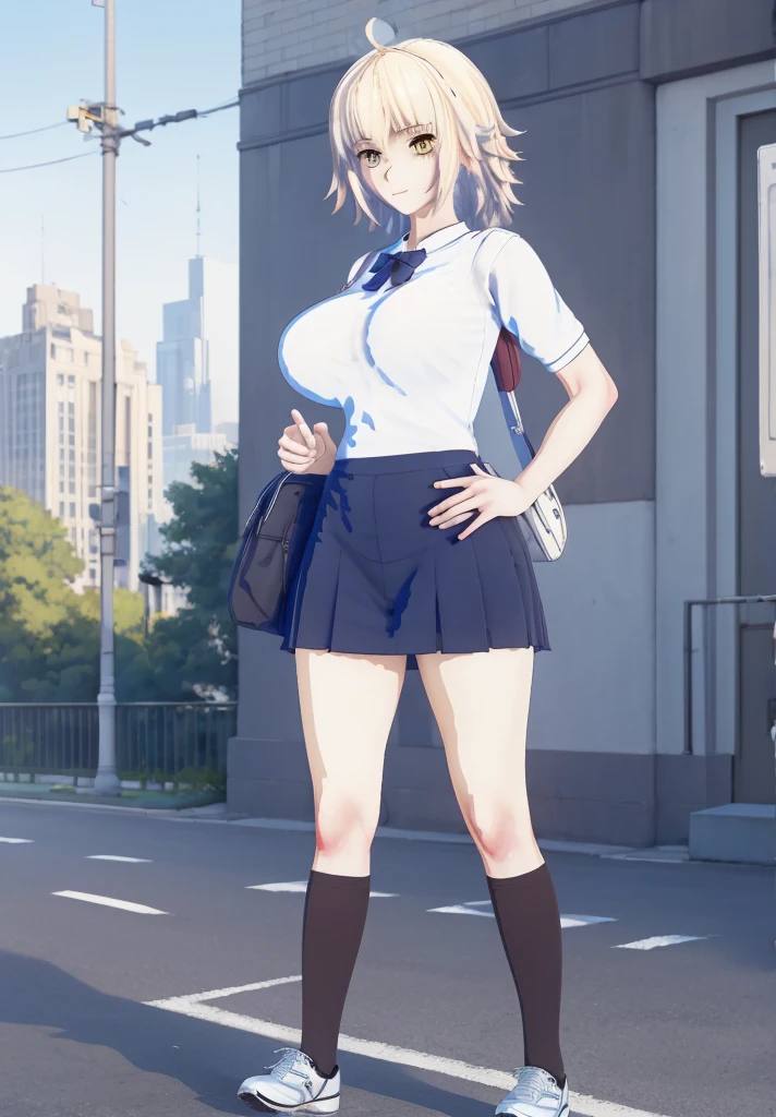 ((masterpiece, Best Quality, Distinctive image)), 1 girl, alone, alter of joan of arc, big breasts, Schoolgirl, School uniform, pleated skirt, seraph, White shirt, black skirt, looking at the viewer, standing, carrying a school backpack, cowboy shot, city, building, beautiful sky 