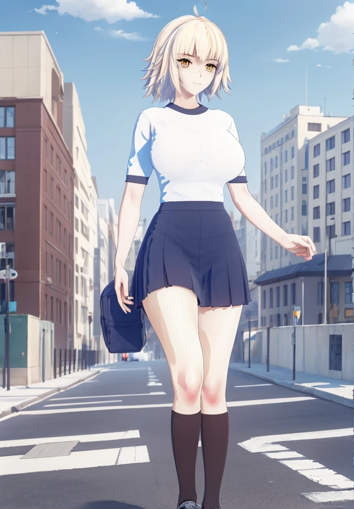 ((masterpiece, Best Quality, Distinctive image)), 1 girl, alone, alter of joan of arc, big breasts, Schoolgirl, School uniform, pleated skirt, seraph, White shirt, black skirt, looking at the viewer, standing, carrying a school backpack, cowboy shot, city, building, beautiful sky 