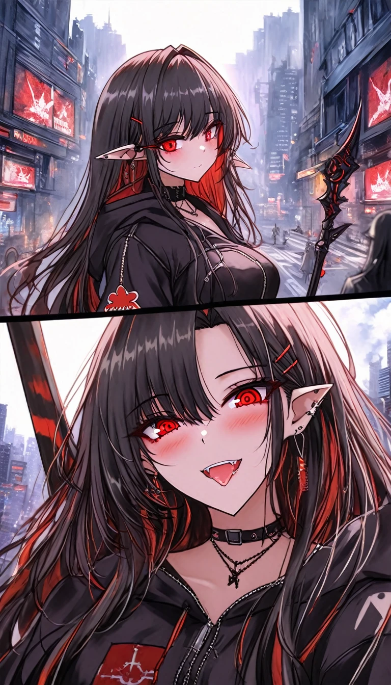 Woman in black dress holding a scythe in front of a city, Gap Moe Yandere Grimdark, from Arknights, Cyberpunk Anime Girl in hoodie, Gothic Maiden Anime Girl, Arknights, Devil Anime Girl, portrait Gap Moe Yandere Grimdark, Cyberpunk Anime Girl, akatsuki akira, Nightcore, vampire, Jan J