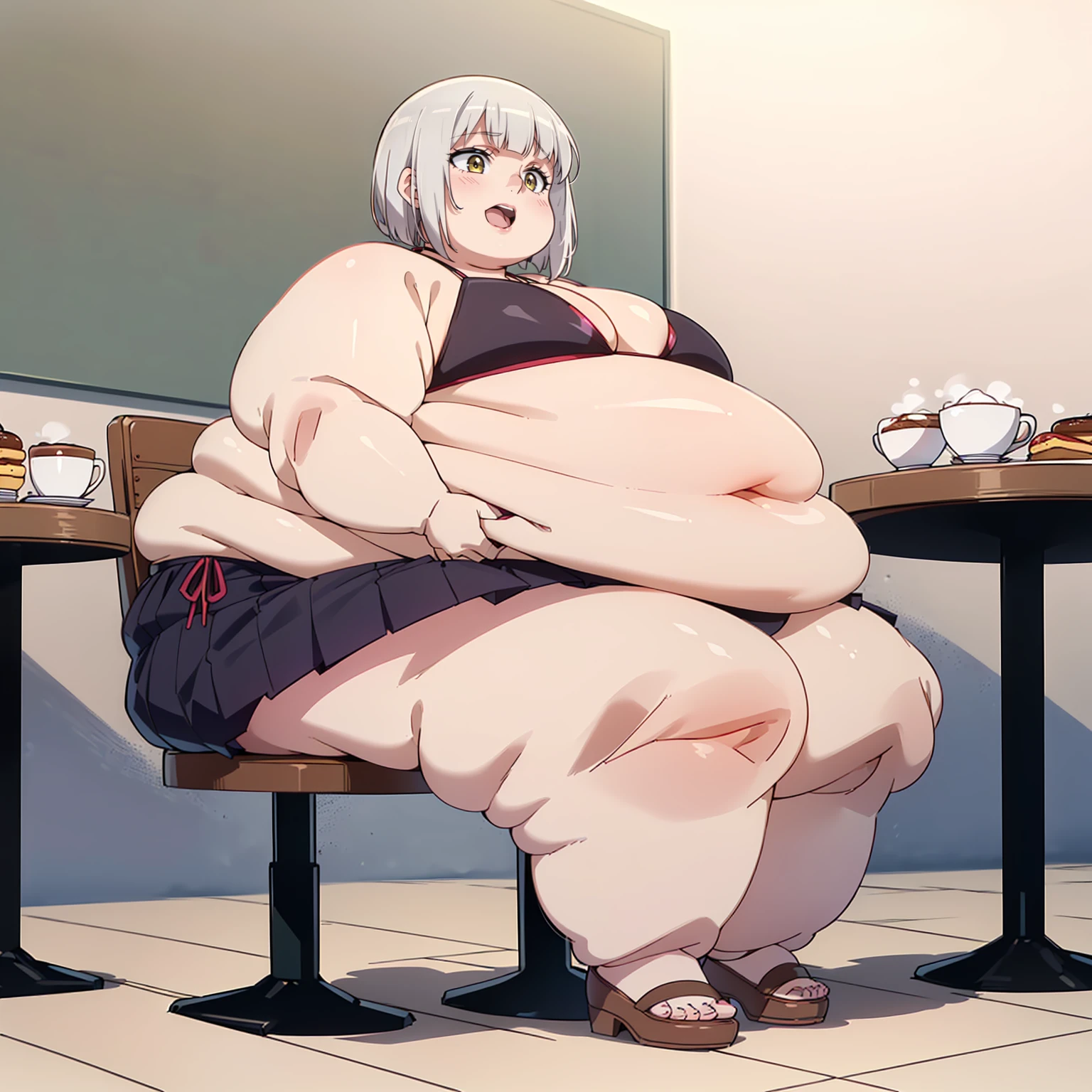 ((())), (((little cutie))), (((short stature))), (((bikini, short skirt))), ((white hair with fringe)), ((obese chubby))), ((fat face)), (((big belly))), (((open mouth))), fat and wide thighs, Belly, (((tender))), (((sitting in a cafe))), detailed background, ((full body image)),