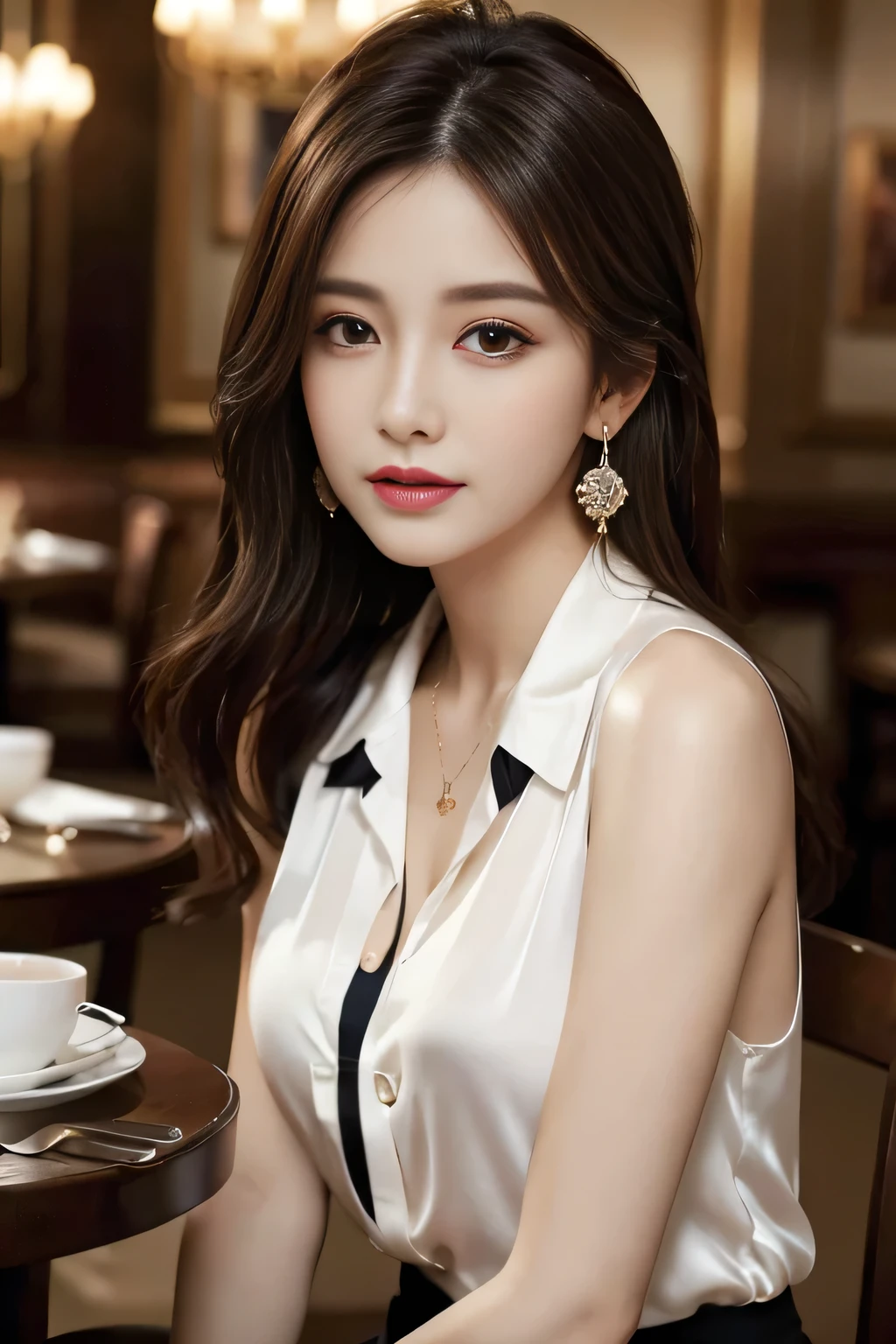 masterpiece, Highest quality, Realistic, Very detailed, Finer details, High resolution, 8k wallpaper, One beautiful woman, Wear a silk shirt in a good color, In a great restaurant, At night, Light brown messy hair, Perfect dynamic composition, Beautiful and beautiful eyes、Big earrings、chest、Sleeveless shirt、
