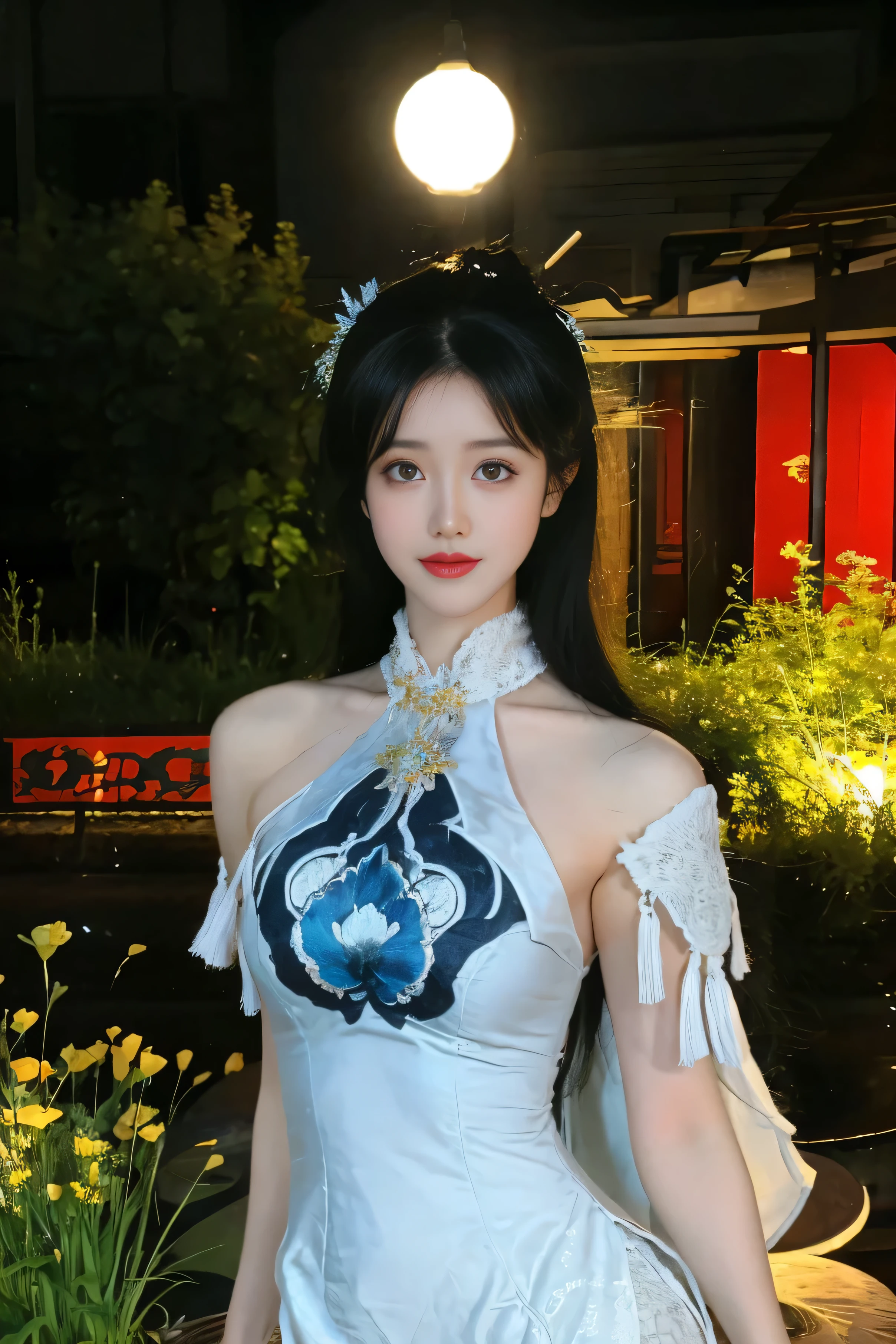 ulzzang-6500-v1.1,(raw photo:1.2),((photorealistic:1.30)), ((best quality)) ,((masterpiece)),((Ultra High Resolution)), ((Clear View)),,Ultra-high resolution,Clear face,（Reality：1.4) ,  illustration, an extremely delicate and beautiful, extremely detailed ,CG ,unity ,8k wallpaper, Amazing, finely detail, masterpiece,best quality,official art,extremely detailed CG unity 8k wallpaper,absurdres, incredibly absurdres, huge filesize, ultra-detailed, highres, extremely detailed,beautiful detailed girl, extremely detailed eyes and face, beautiful detailed eyes,light on face,cinematic lighting, 1girl, solo, long hair, black hair, hair ornament, jewelry, Earring, Blue eyes, Double eyelids, blush, sharp nose, Red nose, smile, Chinese dress, (standing,) (garden background:1.5), upper body, Night sky, dark light, grassland, trees, flowers, grass, Moon Star, outdoor, 