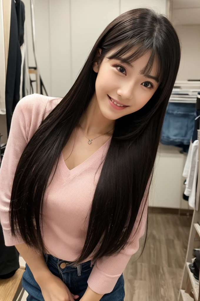 紺と白のセーラー服、Drama club room, high school senior, drama club president, ((full body)), ((photo)), ((best qualtiy, 8K, tmasterpiece:1.3)), Focus:1.2, perfect figure beautiful girl:1.4, 1girl, cowboy shot, look at viewer, eyes facing the camera, incredibly absurd, beautiful and cute girl with a photorealistic face, showcasing top-quality craftsmanship, A Japanese girl preparing for club activities in the drama club room, 15 years old, long, straight, silky black hair, fair skin, big eyes, thin eyebrows, double eyelids, long eyelashes, pink lips, smile, devilish smile, gorgeous features, well-defined facial features, beautiful face line, mysterious beauty, slender, tall, well-balanced proportions, large E-cup breasts, navy blue sailor uniform, favorite silver accessories, well-groomed nails, pretty girl, beauty, devilish type, pretty older sister, passionate about art, sociable, friendly, positive, has leadership skills, is proactive, is flexible, gets things done efficiently, works hard towards dreams and goals, May