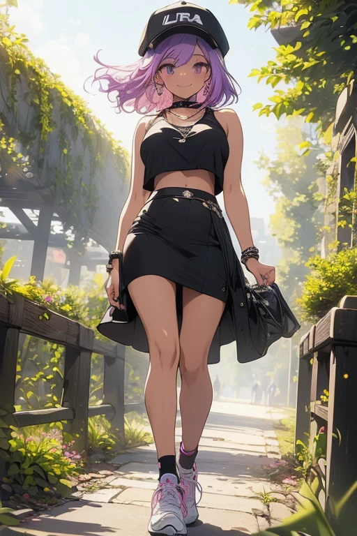 ((masterpiece, best quality, ultra-detailed)), 1girl, beautiful confident woman walking through a garden, smiling, pink tank top, midriff, bracelet, necklace, long black pencil skirt, white sneakers, black socks, wearing headphones and brim cap, full body, purple hair