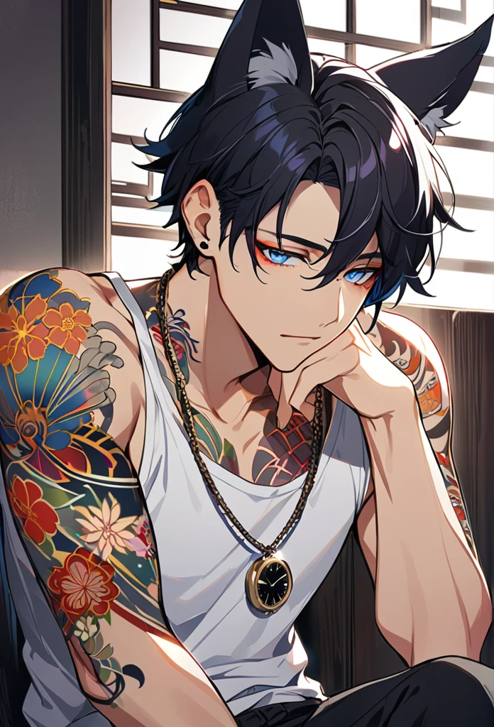 1man, short black hair, fox ears, bright blueviolet eyes, wearing a darkgray casual jacket, wearing a white undershirt, wearing black pants, wearing a vintage golden watch, japanese style tattoos, colorfull tattoos, tattoos all over the arms, resting head with hand, wearing a silver necklace