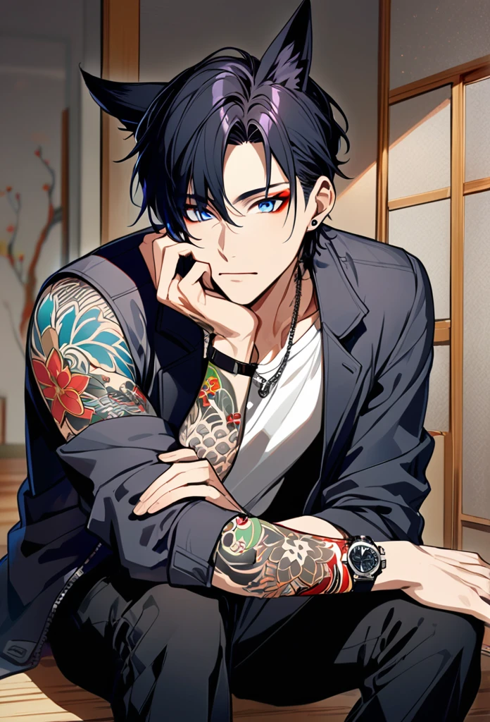 1man, short black hair, fox ears, bright blueviolet eyes, wearing a darkgray casual jacket, wearing a white undershirt, wearing black pants, wearing a vintage golden watch, japanese style tattoos,  colorfull tattoos, tattoos all over the arms, resting head with hand, wearing a silver necklace