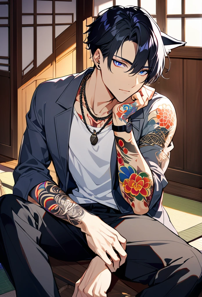 1man, short black hair, fox ears, bright blueviolet eyes, wearing a darkgray casual jacket, wearing a white undershirt, wearing black pants, wearing a vintage golden watch, japanese style tattoos,  colorfull tattoos, tattoos all over the arms, resting head with hand, wearing a silver necklace