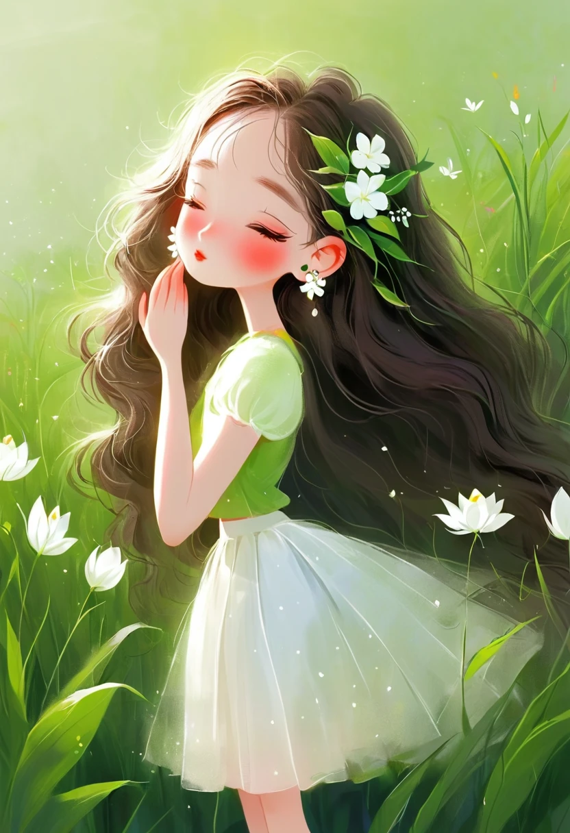 Rough texture,Hand-drawn style:1 Girl,Close your eyes,skirt,earrings,flower,Grass,Green Background,头flower环,Jewelry,leaf,Long hair,plant,Solitary,white skirt