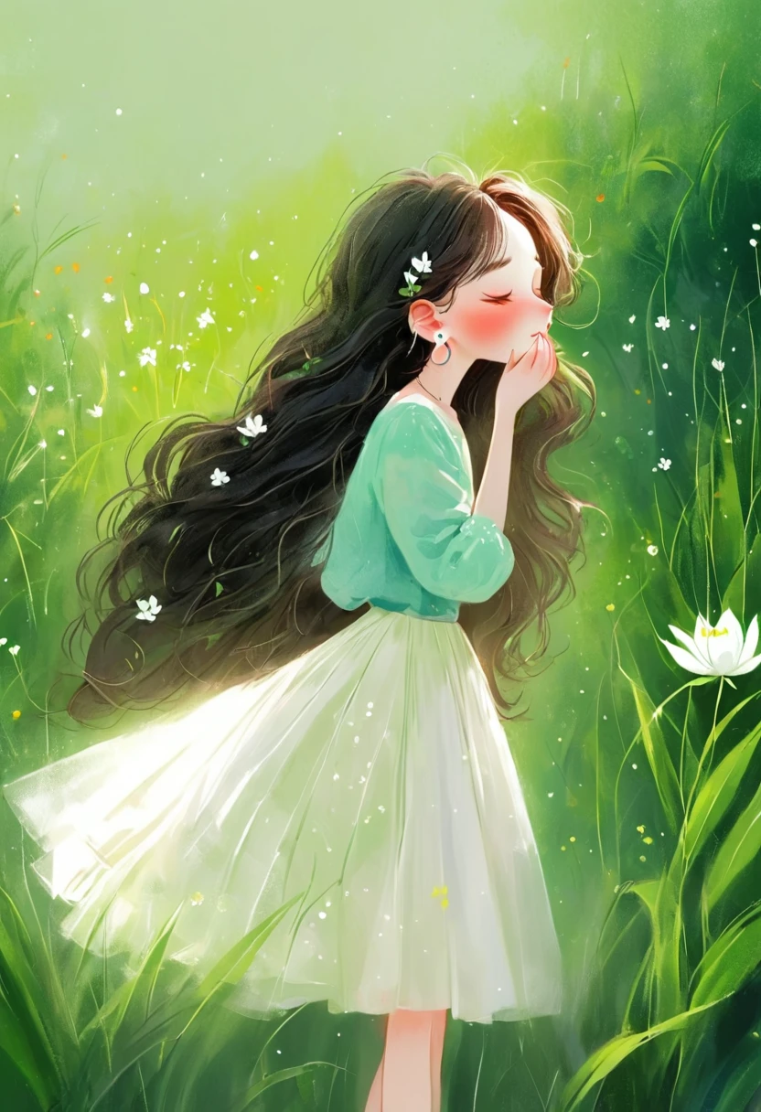 Rough texture,Hand-drawn style:1 Girl,Close your eyes,skirt,earrings,flower,Grass,Green Background,头flower环,Jewelry,leaf,Long hair,plant,Solitary,white skirt