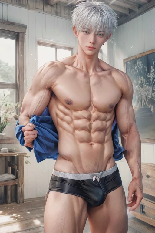 1boy, adult, handsome, perfect face, detailed eyes and face, clean shaved, muscular, capturing a rural atmosphere, dynamic lighting, unreal engine 5, hd picture, satoru gojo, white hair, short hair ,hair between eyes ,blue eyes, white skin