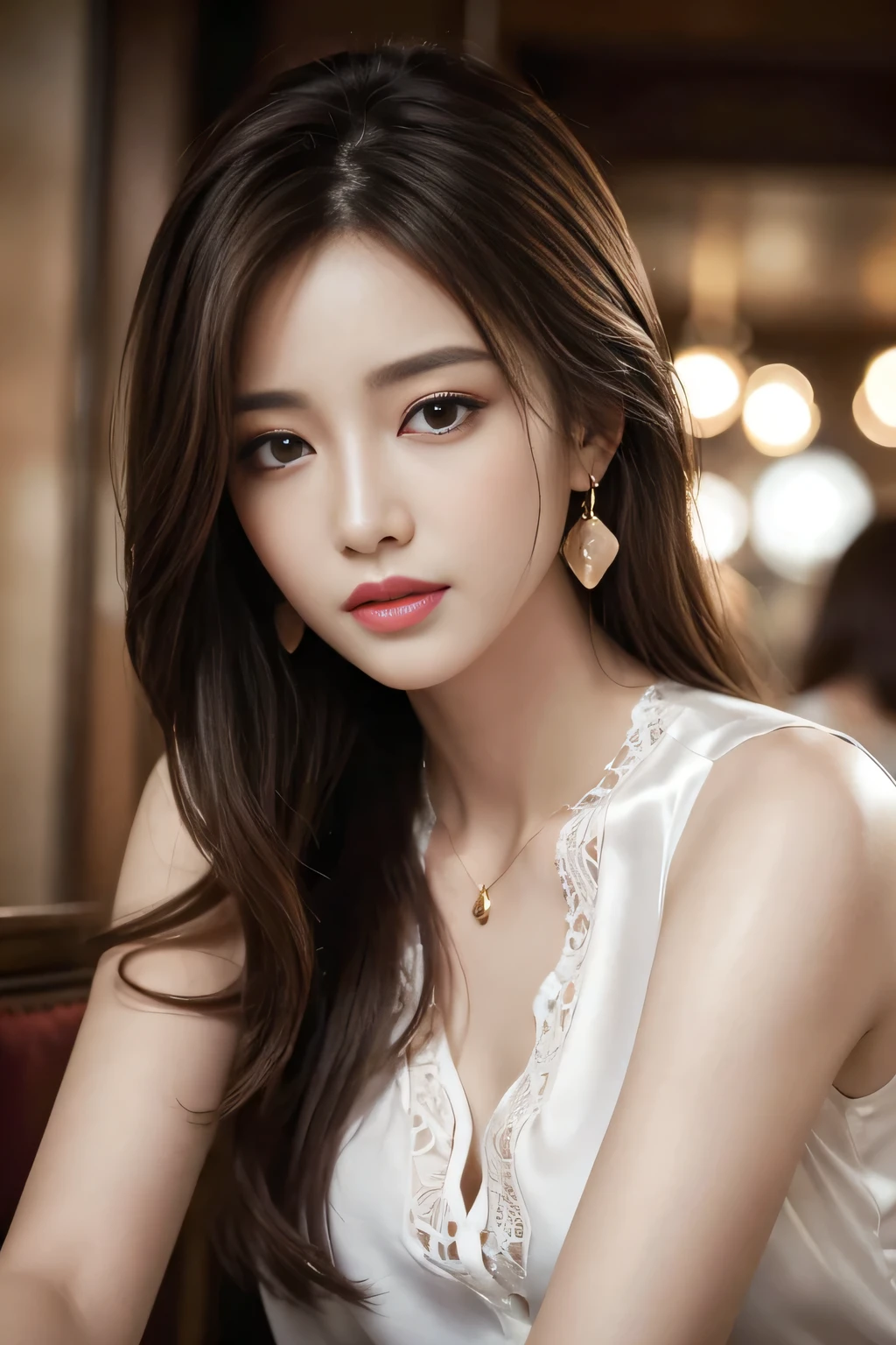 masterpiece, Highest quality, Realistic, Very detailed, Finer details, High resolution, 8k wallpaper, One beautiful woman, Wear a silk shirt in a good color, In a great restaurant, At night, Light brown messy hair, Perfect dynamic composition, Beautiful and beautiful eyes、Big earrings、chest、Sleeveless shirt、