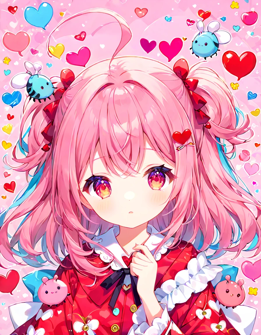Momoko Sakura pink and Red style, Simple Line Initialism，Abstract art，Kawaii Design, The most beautiful girl of all time、chibi, (((Cute pillbugs))), colorful hearts