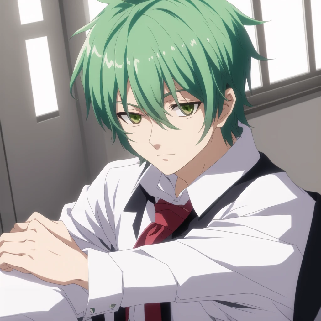 menino anime with green hair and tie sitting in a room, Hajime Yatate, estilo de arte anime moe, Wataru Kajika, jovem anime homem, Gamoe Yandere, Nagito Komaeda, menino anime, rei hiroe, mikudayo, koyoharu gotouge, personagem de anime masculino