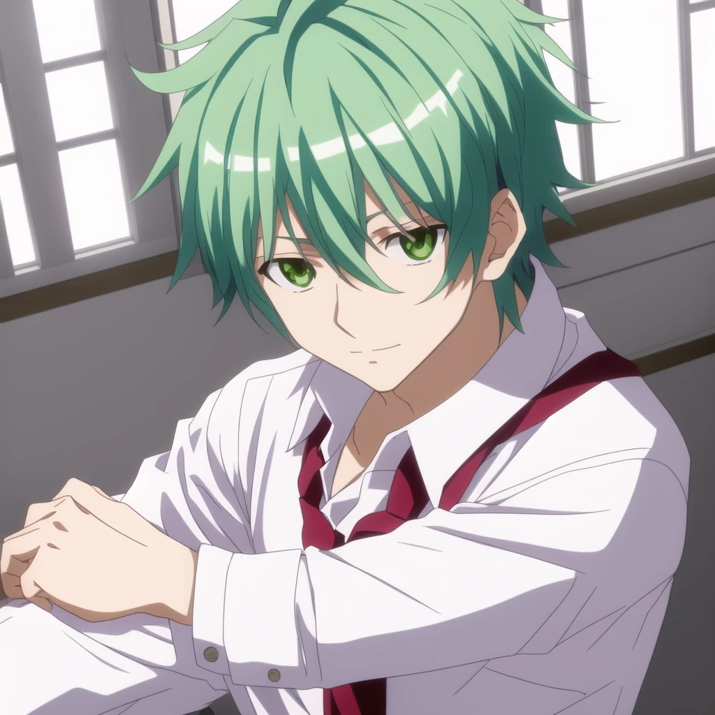 menino anime with green hair and tie sitting in a room, Hajime Yatate, estilo de arte anime moe, Wataru Kajika, jovem anime homem, Gamoe Yandere, Nagito Komaeda, menino anime, rei hiroe, mikudayo, koyoharu gotouge, personagem de anime masculino