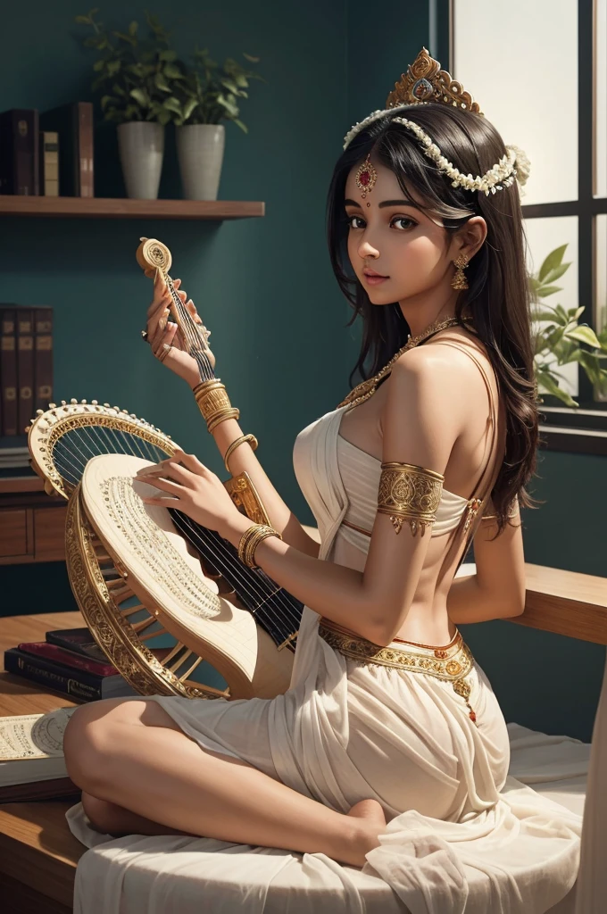 The Indian goddess Saraswati, a stunning and ethereal being, sits elegantly at a modern desk in a contemporary library. Her delicate features and porcelain skin radiate a soft, otherworldly glow, hinting at her divine nature. From behind, four graceful arms emerge, each hand engaged in a different task. Two hands type away on her laptop, while another holds a pen to file an assignment, and the fourth hand delicately adjusts the strings of a beautifully crafted veena, its melodies whispering subtle magic into the air. Her eyes shine with gentle wisdom, illuminating the space around her, as she effortlessly multitasks like a modern goddess.