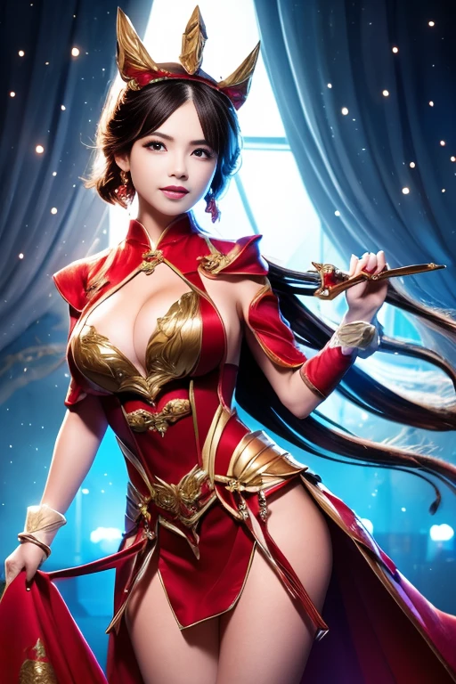 masterpiece,Highest quality,Top knight,(Female knight_knight:1),(Gold Armor:1.3), (35歳のFemale knight:1.3),、Big and ample breasts Big big cleavage ,Hyper Real,In a battlefield in medieval Europe,Beautiful smile、British women、Delicate skin texture to the smallest detail、Detailed blue eyes (Very large)、(Beautiful middle-aged woman)、(Fluffy long blonde hair)、Dense and dense skin texture、(((Very large)))、Female knight、(((Big big cleavage)))、Richly decorated golden armor、Golden long boots with flashy decorations、Pure gold and jewellery necklaces and collars、Big gold earrings、Red lips、(((Dressed in gorgeous golden armor)))、Golden Long Globe、((She has a fancy long sword))、The sword is ornately decorated..........................、((The blade is crimson))、(Female knight)、(battlefield)、