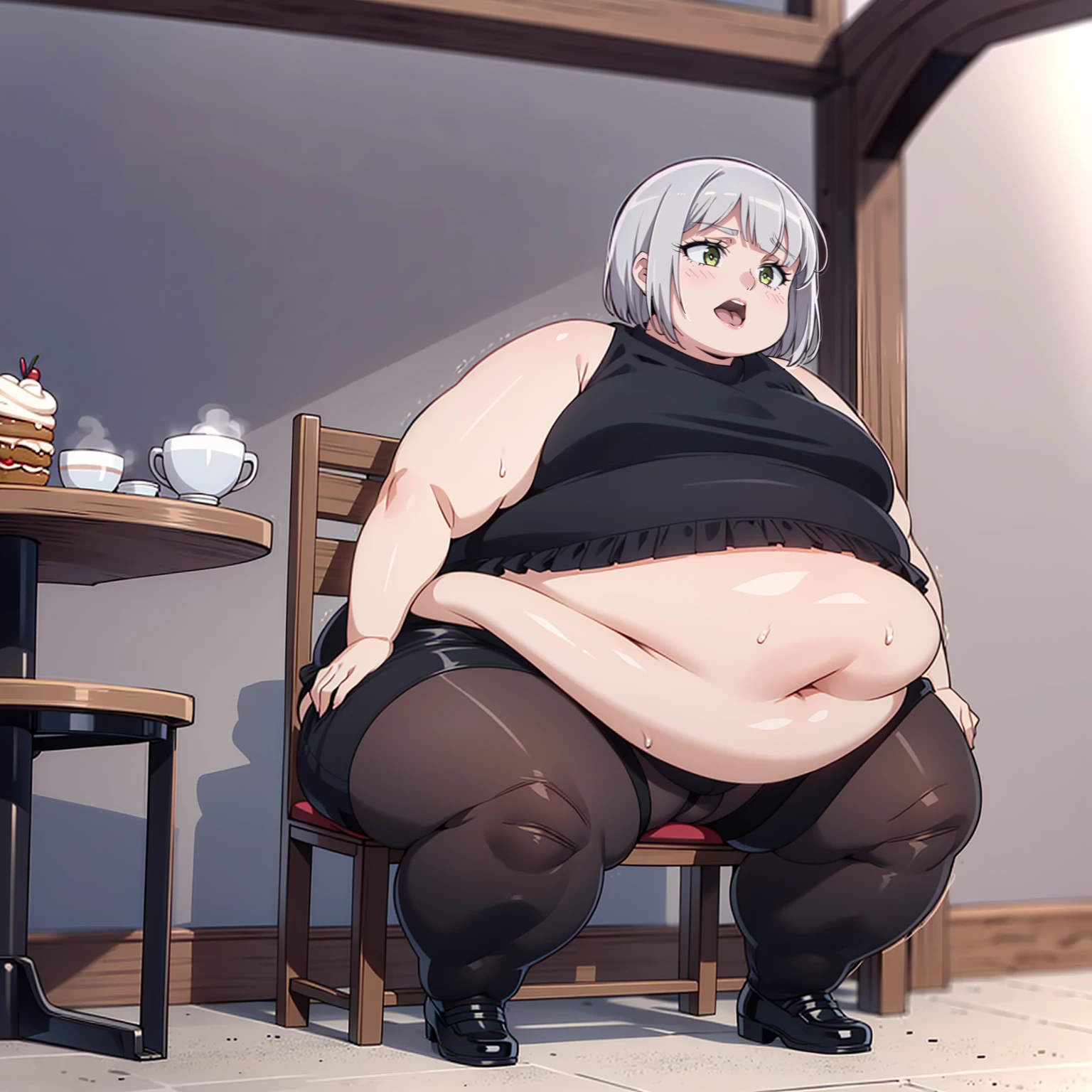 (((baby))), (((small linda))), (((short stature))), small, transparent pantyhose , no panties, thigh squeezing pantyhose, Skinny body, crop top, under the chest, Belly expuesto, knees pov, lick screen((white hair with fringe)), ((obese chubby))), ((fat face)), (((big belly))), (((open mouth))), fat and wide thighs, Belly, (((tender))), (((sitting in a cafe))), detailed background, ((full body image)),