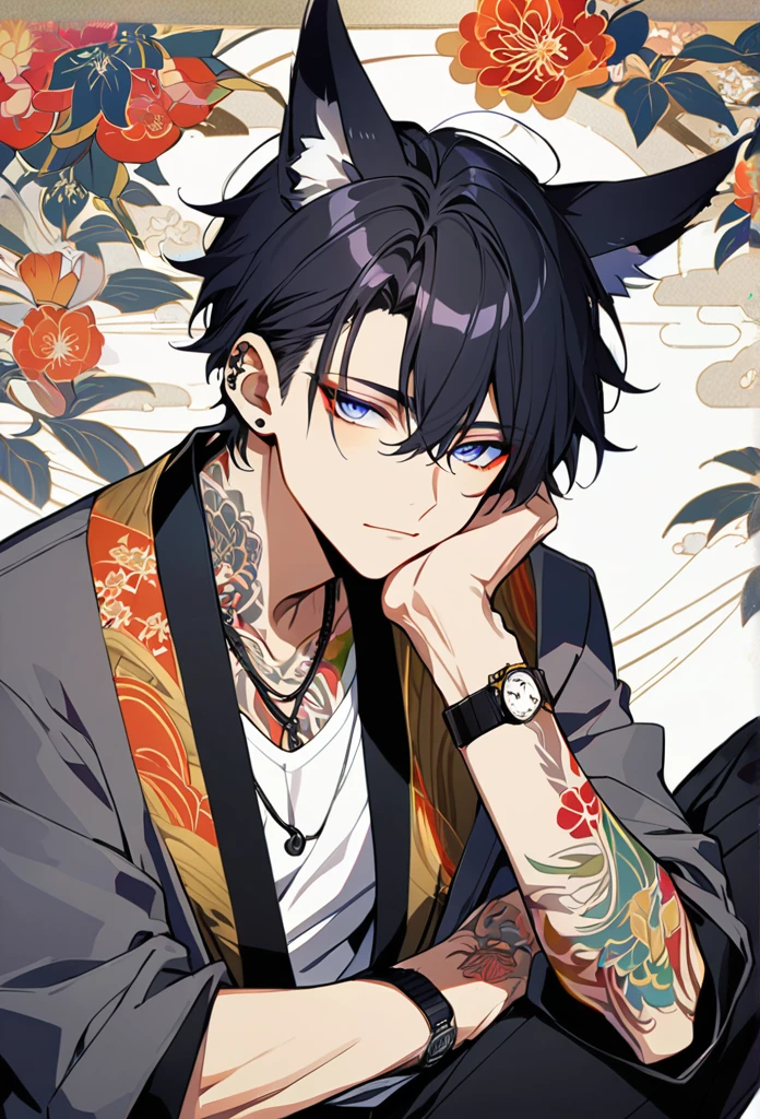 1man, short black hair, fox ears, bright blueviolet eyes, wearing a darkgray casual jacket, wearing a white undershirt, wearing black pants, wearing a vintage golden watch, japanese style tattoos, colorfull tattoos, tattoos all over the arms, resting head with hand, wearing a silver necklace
