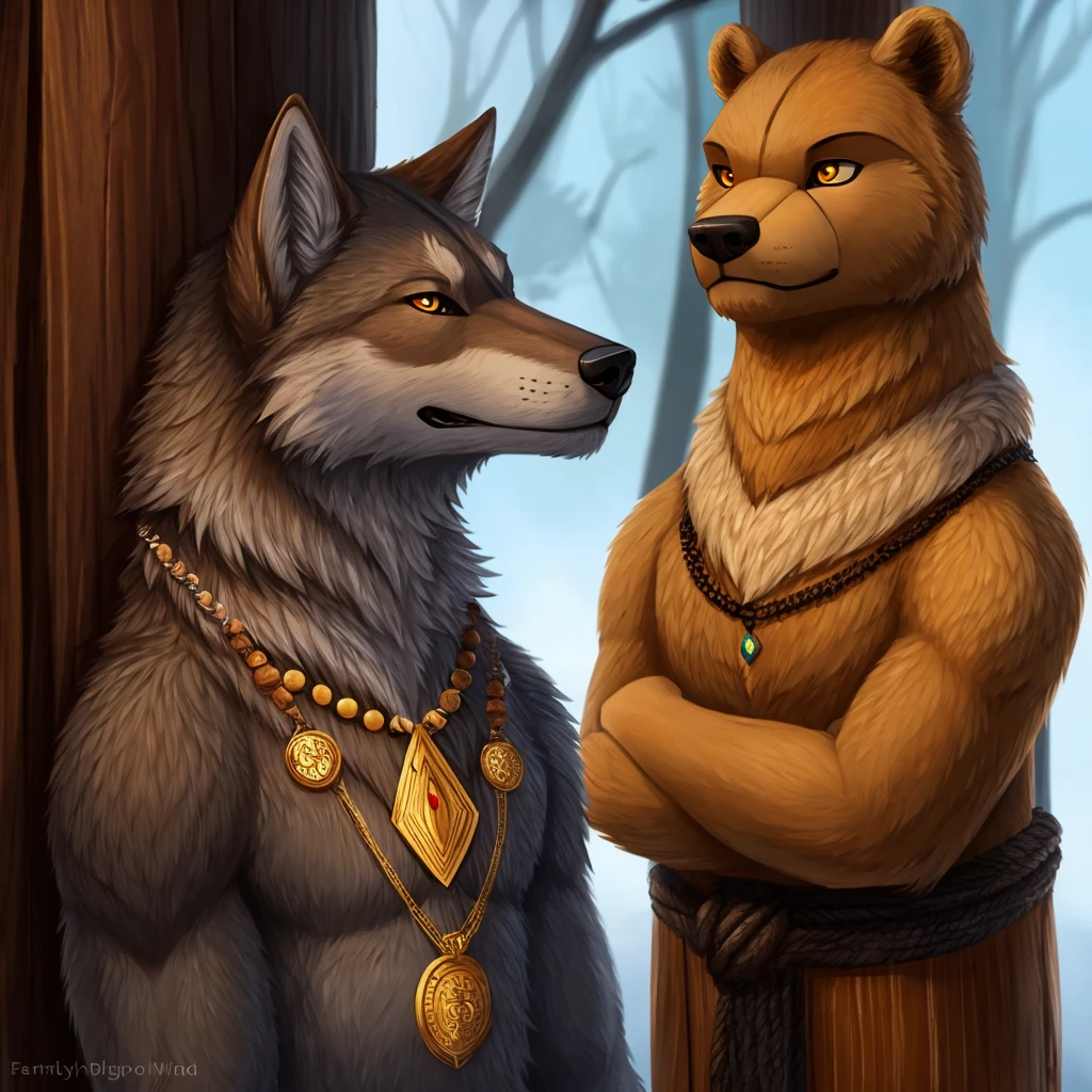 Make a gray-furred wolf with golden eyes staring while wearing a wooden bear totem as a necklace on its neck.