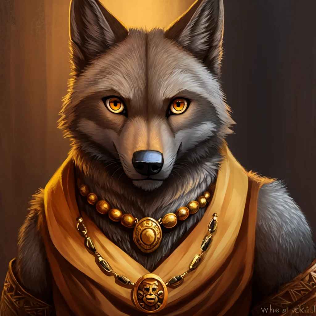 Make a gray-furred wolf with golden eyes staring while wearing a wooden bear totem as a necklace on its neck.