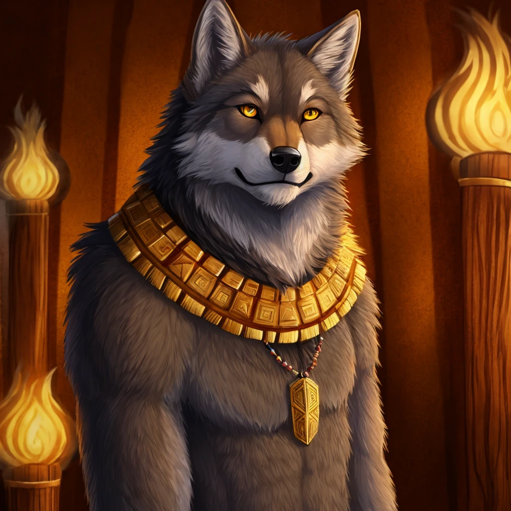 Make a gray-furred wolf with golden eyes staring while wearing a wooden bear totem as a necklace on its neck.