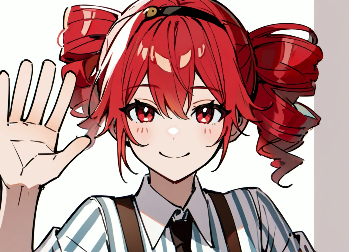 Red hair, waving, smiling, striped white shirt, suspenders