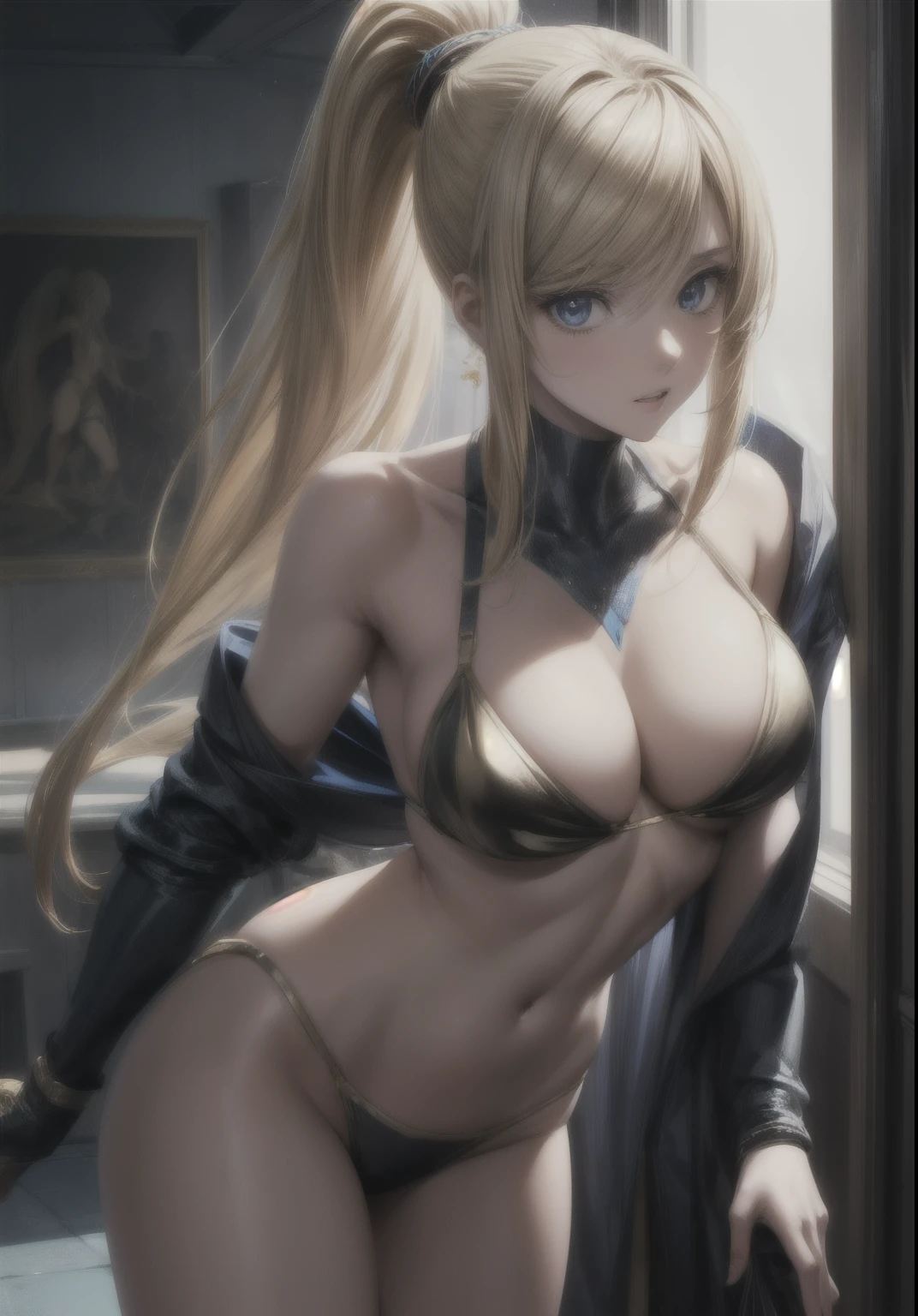 (anime,masterpiece, top quality, best quality,beautiful and aesthetic:1.2,professional illustrasion:1.1,ultra detail:1.3, official art, professional illustrasion, Ultra-detailed depiction, Ultra-precise depiction, extremely detailed 8k illustration, highres, ultra detailed painting, soft shadows), (girl), samus aran \(cosplay\), cool beauty, milf, glossy, (golden long hair), (ponytail), big breasts, perfect body, pubic hair, bikini,