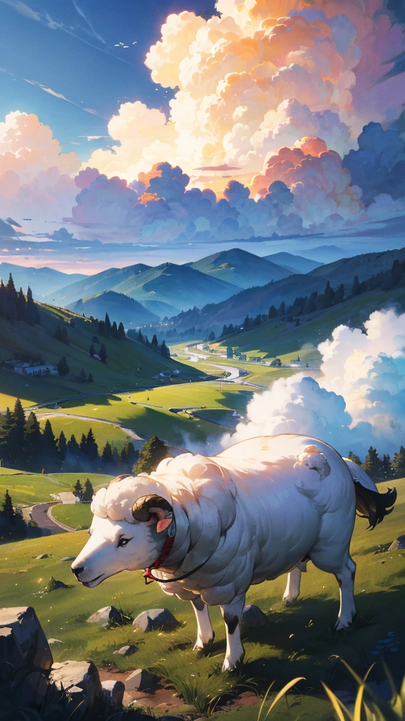 (Masterpiece, Highest quality: 1.2), (High resolution: 1.1), (Highest quality), Dynamic Angle, sheep飼いの女の子, null, cloud, Highland Road, 牧sheep犬, sheep, Top view, dramatic lighting, Beautiful shadows, beautiful,