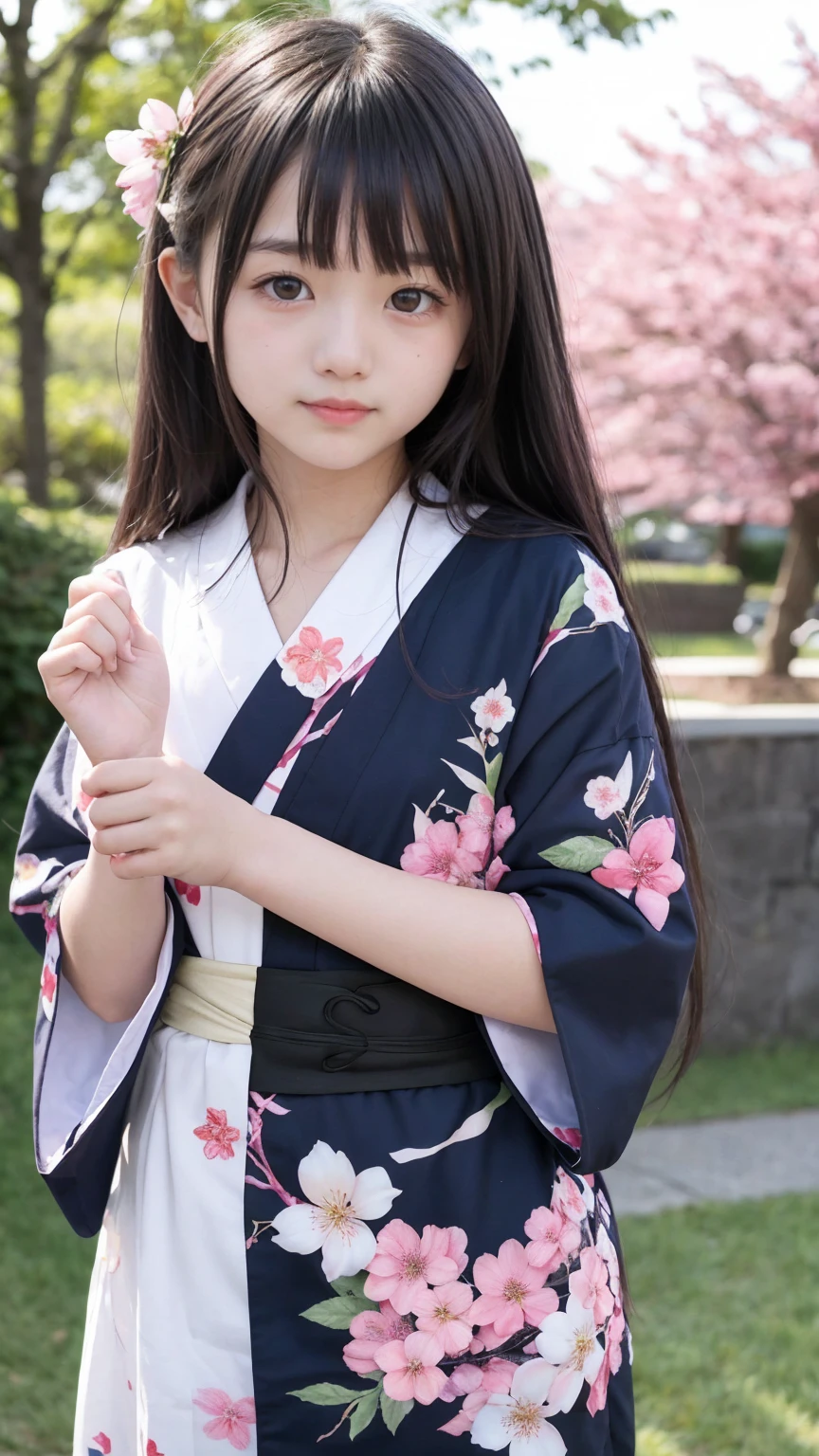 very cute、15 years old、girl、Straight Long Hair、yukata、firework、Night Sky、Cherry blossom trees、yukataの胸元がはだけている、