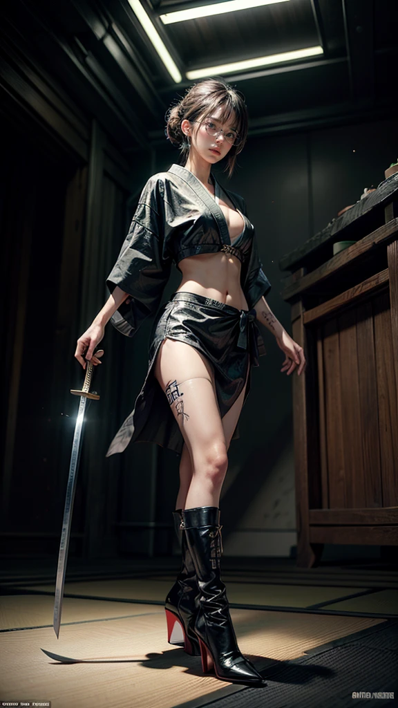 Cute Japanese woman, (), (very cute face: 1.3), red lips, white moist skin, mole, (glasses: 1.2)
BREAK,
Feminine body with high athletic ability, body of a female fitness model, feminine body with hard tones, (muscles: 1.2), (beautiful belly button),
BREAK,
Fighter, kung fu fighter, idol, (Yakuza), (gangster),
BREAK,
(wearing a cute black kimono: 1.3), (kimono that is revealing), (Stiletto heels, black heeled boots 1.3), very large earrings, short length,
BREAK,
Short hair, (Short bob hair), (Bangs: 1.2), (Black hair: 1.3), (Wavy hair),
BREAK,
(Very large Japanese sword: 1.4), (Holding the handle of a Japanese sword: 1.3), (Fighting: 1.2), (Getting into a fighting stance), (Beautiful Japanese sword blade: 1.2)
BREAK,
(Japanese tattoo: 1.4),
BREAK,
Masterpiece, Perfect lighting, Ultra high resolution, 8K, (Highly detailed: 1.4), (From the front), Looking at the camera, Melancholic expression,
BREAK,
(Tokyo Tower: 1.2), Tokyo Tower in Japan background, (Neon lights: 1.2)