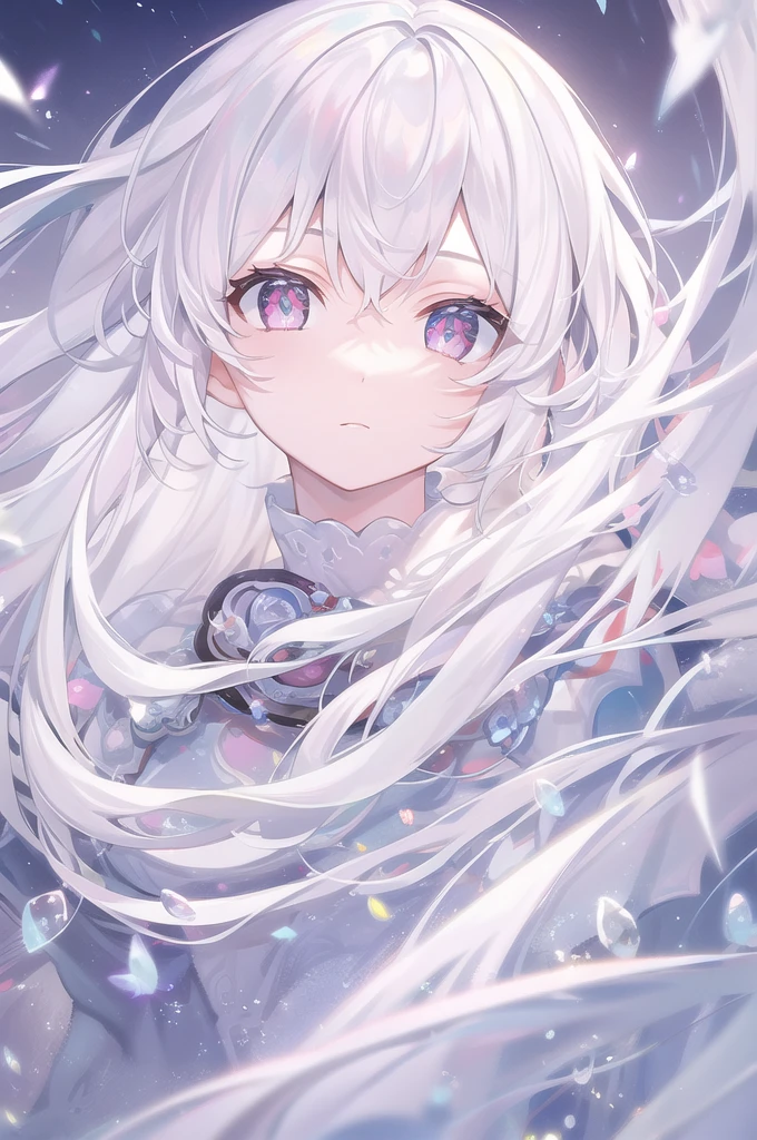 ((masterpiece, best quality))++, Detailed lighting+,  Detailed hair+, Detail hand+ ,1 girl, Miss, Long hair,   Crimson eyes,  beautiful eyes, young white hair,,(Beautiful white hair:1.5),(Beautiful and delicate eyes),  high resolution+,glass tint, Reflective eyes,   {{angle}} , Very detailed wallpaper, The original, Air bangs，Extremely beautiful CG，black worksuit，Firefly，Galaxy，Shattered like a mirroghting，Galaxy