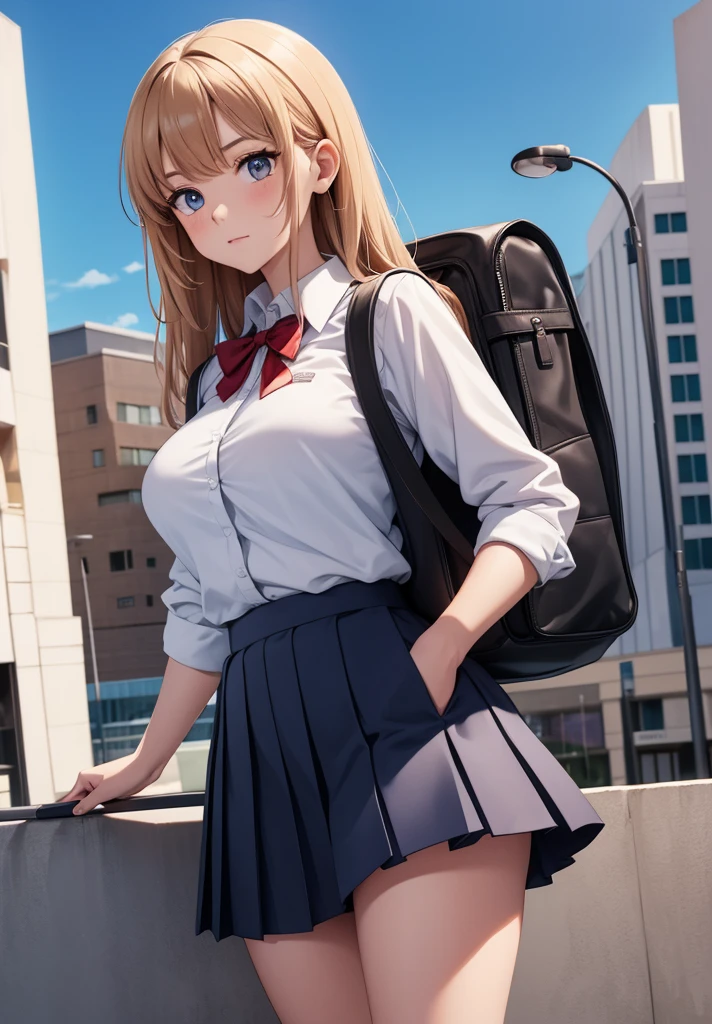 ((masterpiece, Best Quality, Distinctive image)), 1 girl, alone, alter of joan of arc, big breasts, Schoolgirl, School uniform, pleated skirt, seraph, White shirt, black skirt, looking at the viewer, standing, carrying a school backpack, cowboy shot, city, building, beautiful sky 