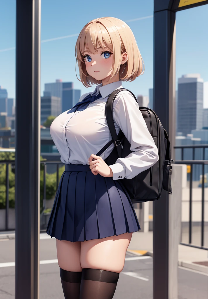 ((masterpiece, Best Quality, Distinctive image)), 1 girl, alone, alter of joan of arc, big breasts, Schoolgirl, School uniform, pleated skirt, seraph, White shirt, black skirt, looking at the viewer, standing, carrying a school backpack, cowboy shot, city, building, beautiful sky