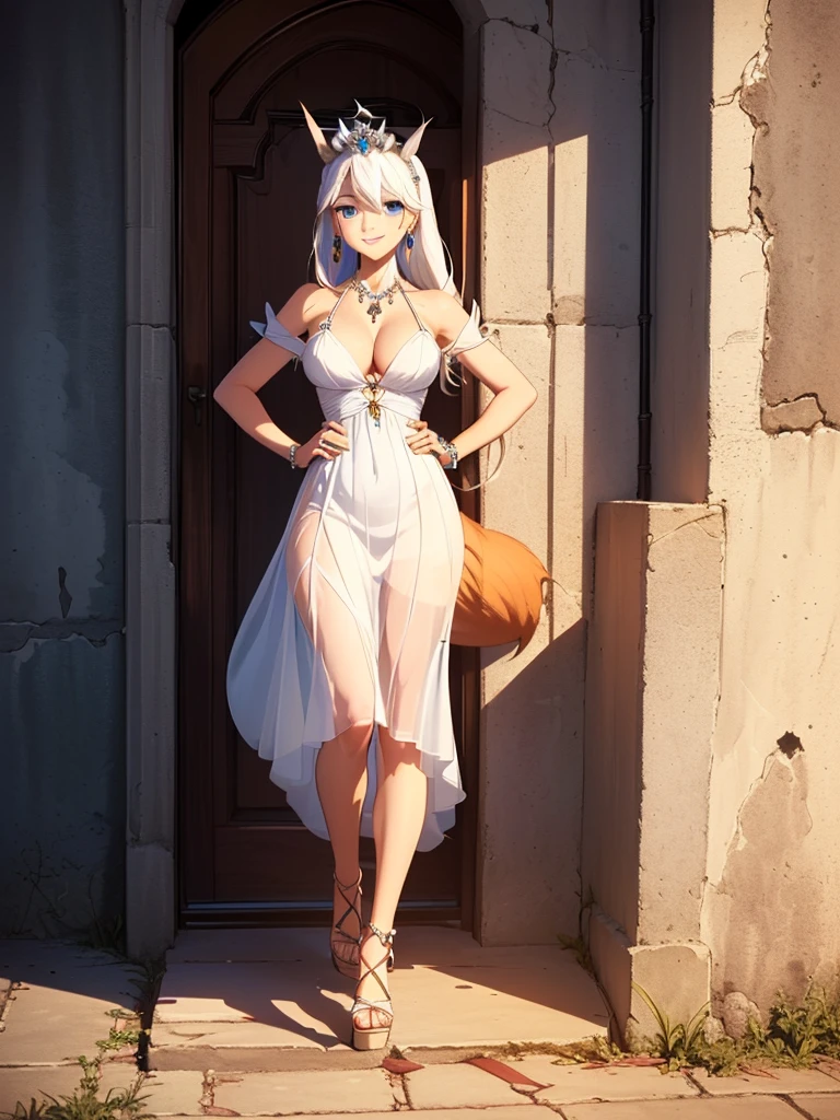 great quality ++ Extremely detailed high resolutionolution, very aesthetic, expressive eyes, (((Perfect face))), (((face symmetrical))), ((good anatomy)), (((perfect hands))), (((8k))), UHD, hd wallpaper, (((detailed high cal, (((((1girl)))))), only, Masterpiece, The best quality, high resolution, Highly detailed, (illustration), Beautiful detailed eyes, ((((full body))), (((solo))), (((((koyan-la1))))), (((smiling))), (((fusion))), (((agglutination))), (((Combination))), (((((White hair))))), (((blue eyes))), (((ponytail))), (((white dress))), (((jewelry))), (((necklace))), (((earrings))), only, jaeces, earrings, long hair, parody, (((scar))), (((scar ocular))), (((hair ornament))), (((hand on hip))), (((strolling))), Side ponytail, scar en la cara, Upper part of the body, (((fox ears))), (((tiara))), (((jewelry))), (((earrings))), (((neckline trimming))),
