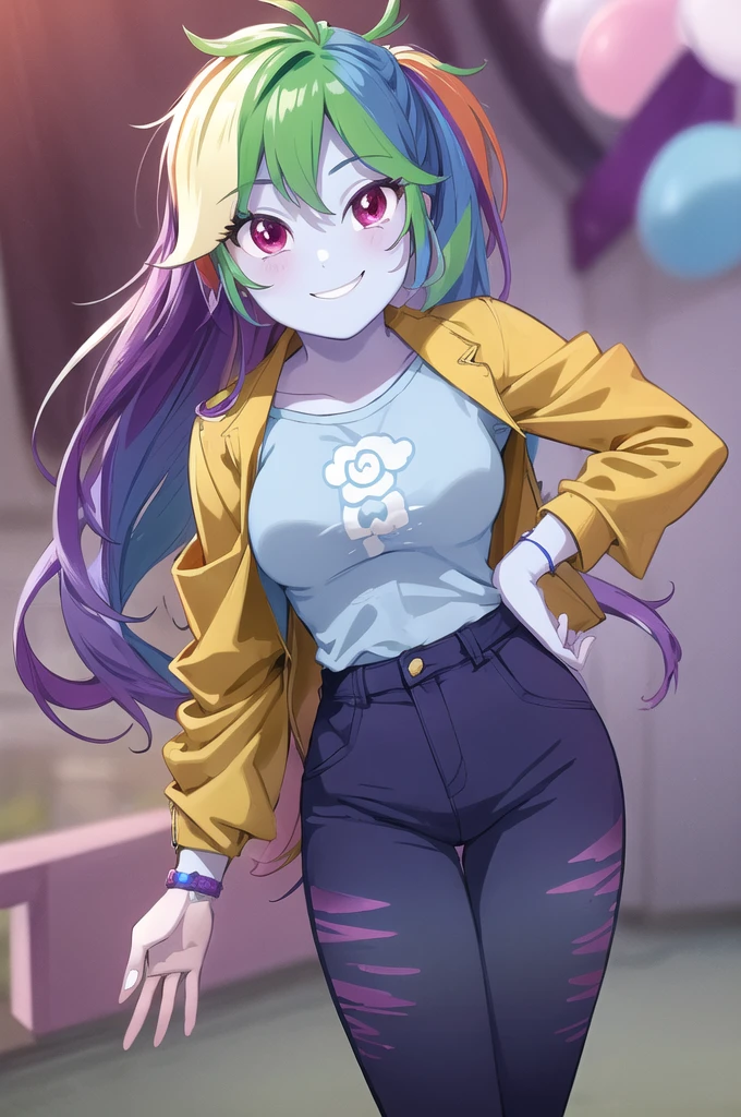(masterpiece, best quality:1.2), cowboy shot, solo, 1girl, mlpdash, colored skin, blue skin, smile, looking at viewer, hand on hip, rainbow hair, purple eyes, cropped jacket, shirt, pants