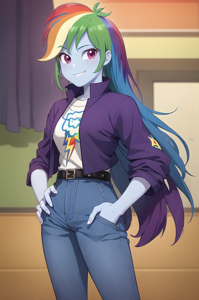 (masterpiece, best quality:1.2), cowboy shot, solo, 1girl, mlpdash, colored skin, blue skin, smile, looking at viewer, hand on hip, rainbow hair, purple eyes, cropped jacket, shirt, pants