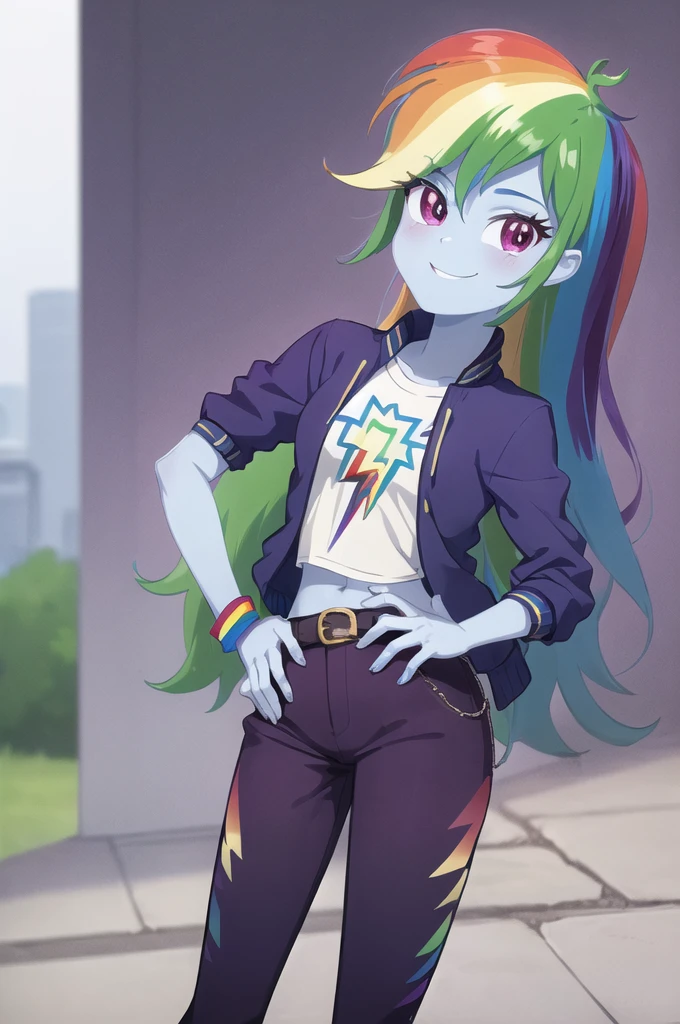 (masterpiece, best quality:1.2), cowboy shot, solo, 1girl, mlpdash, colored skin, blue skin, smile, looking at viewer, hand on hip, rainbow hair, purple eyes, cropped jacket, shirt, pants
