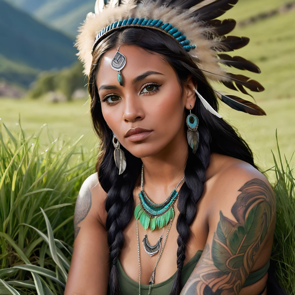 Realistic image of a woman, alone, with long hair, looking at the viewer, black hair, brown eyes, jewelry, braid, earrings, dark skin, necklace, mole, dark-skinned woman, lips, tattoo, feathers, headdress, facial tattoo, Native America, sitting on the green grass behind mountain