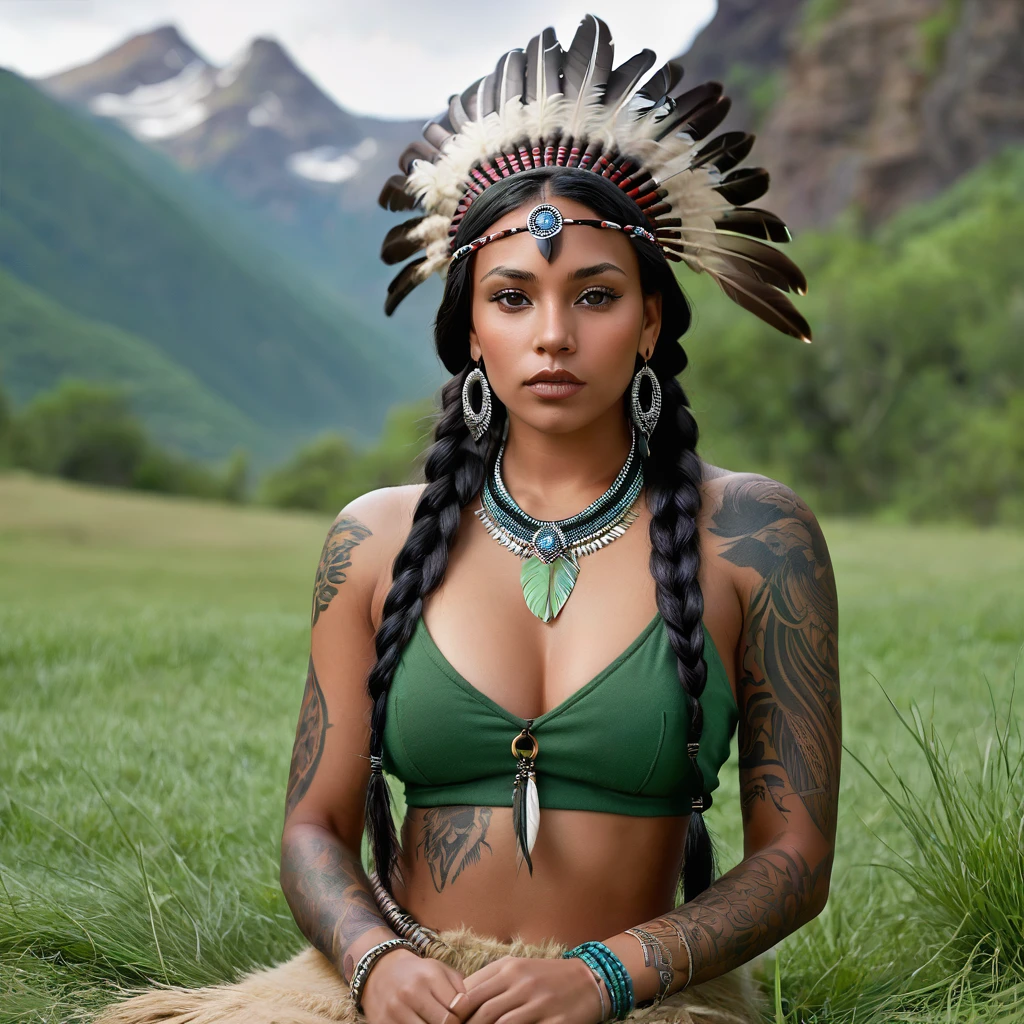 Realistic image of a woman, alone, with long hair, looking at the viewer, black hair, brown eyes, jewelry, braid, earrings, dark skin, necklace, mole, dark-skinned woman, lips, tattoo, feathers, headdress, facial tattoo, Native America, sitting on the green grass behind mountain
