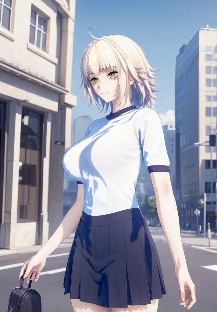 ((masterpiece, Best Quality, Distinctive image)), 1 girl, alone, alter of joan of arc, big breasts, Schoolgirl, School uniform, pleated skirt, seraph, White shirt, black skirt, looking at the viewer, standing, carrying a school backpack, cowboy shot, city, building, beautiful sky 