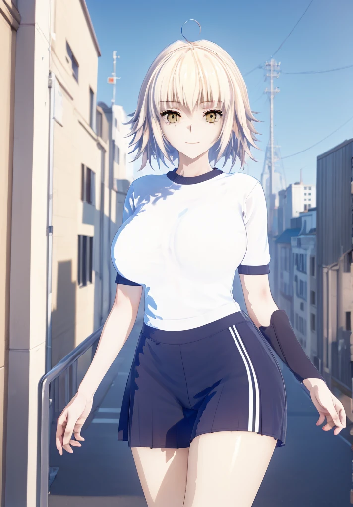 ((masterpiece, Best Quality, Distinctive image)), 1 girl, alone, alter of joan of arc, big breasts, Schoolgirl, School uniform, pleated skirt, seraph, White shirt, black skirt, looking at the viewer, standing, carrying a school backpack, cowboy shot, city, building, beautiful sky 